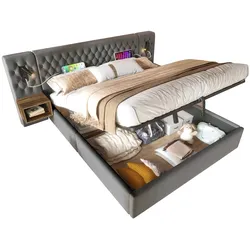 Polsterbett 180x200 cm mit hydraulischem Stauraum und 2 Nachttischen – elegantes Grau und USB-Leselampen