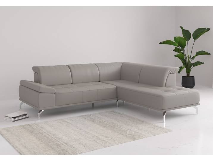 Ecksofa, 274x235 cm, Naturleder, Light Grau, Sitztiefenverstellung, Modern