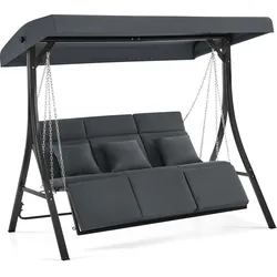 M MCombo Hollywoodschaukel mit Liegefunktion, Gartenschaukel 3 Sitzer Wetterfest, Outdoor Schaukelbank mit Metallketten, Verstellbarem Dach, 123*194*169 cm, 8018 (Dunkgelgrau)