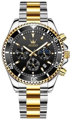 Everyday Crate OLEVS 2870 Mens Chronograph Watch Waterproof Quartz Watch With Stainless Steel Bracelet black + Gold