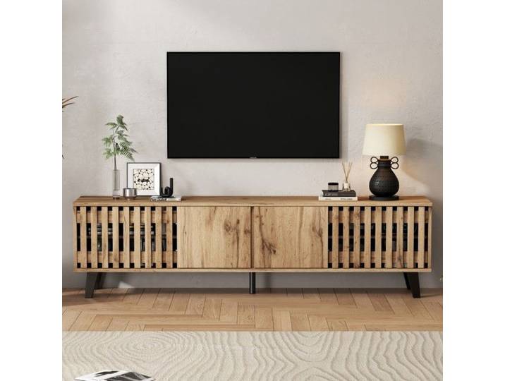 Meuble TV 180x40x55cm 8 compartiments - Buffet bas bois - Console multimédia pour TV 70  - Salon