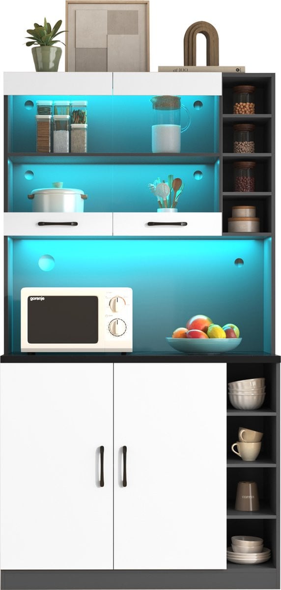 Sweiko Keukenkast Buffet met LED-verlichting en snoergaten, Wit + Grijs