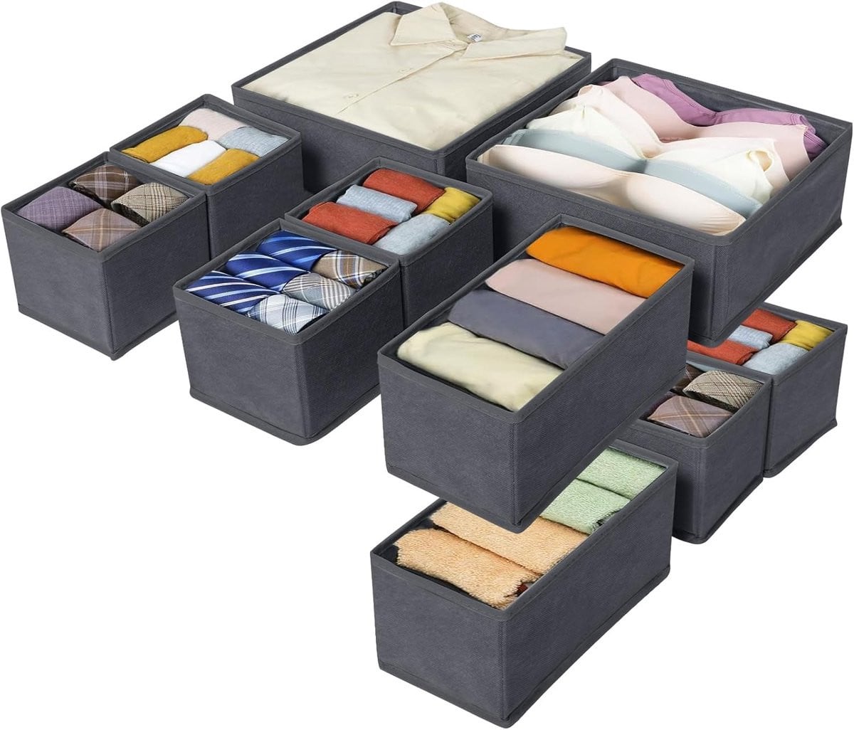 SnelShoppen Lade-organizer 10 stuks opvouwbare opbergdozen voor ondergoed en kleding, donkergrijs