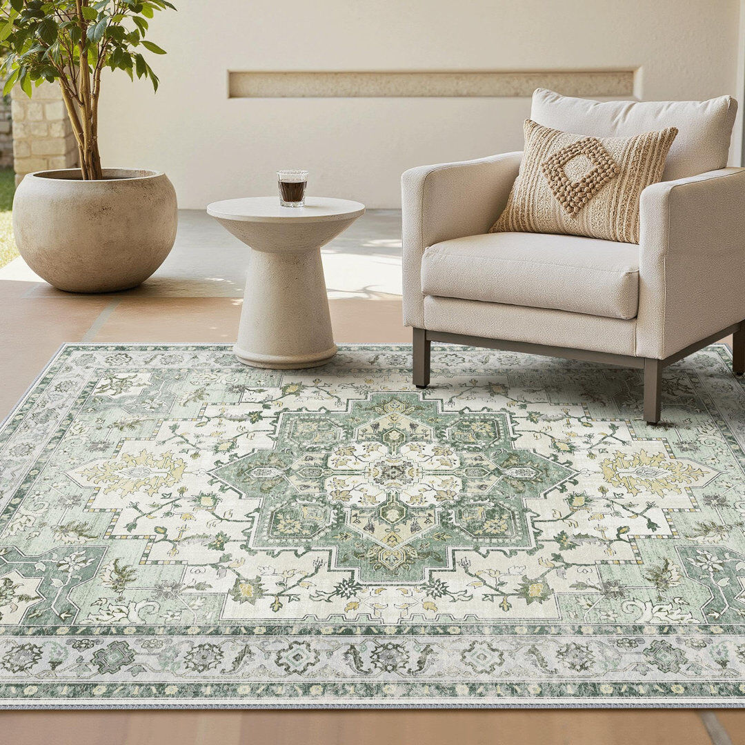World Menagerie Oriental Performance Machine Washable Non Slip Neutral Green Indoor Area Rug Green;Ivory Rectangle 160 x 230 cm