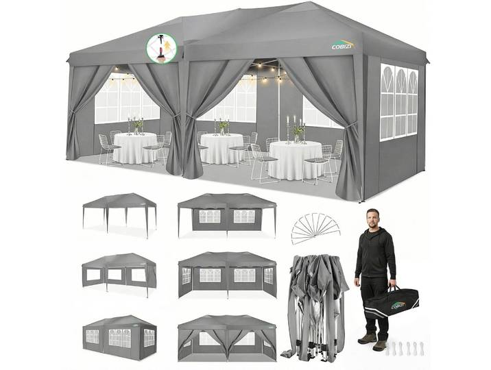 Faltpavillon 3x6m Grau mit 6 Seitenwänden wasserdicht UV-Schutz stabil