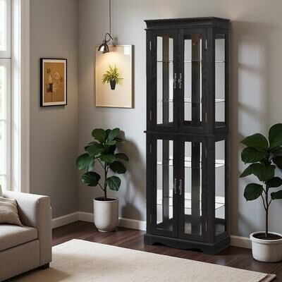 ZWYO HOSIMU "70""H Lighted 6-Tier Glass Curio Display Cabinet, Wood Frame with Adjustable Glass Shelves, Ambient Lighting, Built-in Light Bulb"