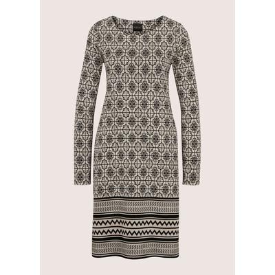 Midikleid MADELEINE "Kleid Schmales Kleid mit Grafik-Druck", Damen, Gr. 36, schwarz, perlweiß, Modern, tailliert, Rundhals, Kleider Midikleid