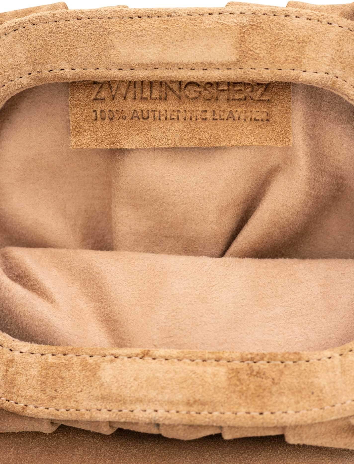 Tragetasche ZWILLINGSHERZ "City Nights Suede", Damen, Gr. B/H/T: 20cm x 7cm x 14cm, braun (taupe), Rindsleder, Taschen Tragetasche, justierbares Band, softes Wild-Leder taupe B/H/T: 20cm x 7cm x 14cm