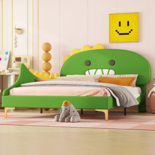 STILVORA Kinderbett 140x200cm Flachbett Doppelbett mit Lattenrost,Jugendbett Einzelbett mit Kopfteil in Dinosaurierform,Grün (mit Matratze)