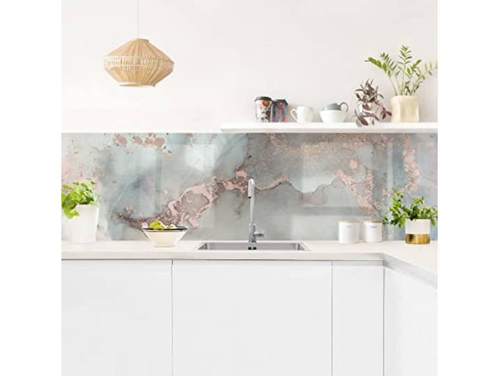 Bilderwelten Küchenrückwand Folie Glänzend 80x280 cm Marmor Pastell und Gold Spritzschutz Fliesenspiegel Küche-Rückwand Motiv Klebefolie