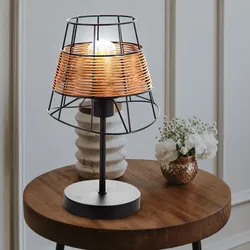Tischleuchte Rattan Beistelllampe schwarz Wohnzimmerleuchte Retro Schreibtischlampe, Metall schwarz, 1x E27 Fassung, DxH 20x35 cm