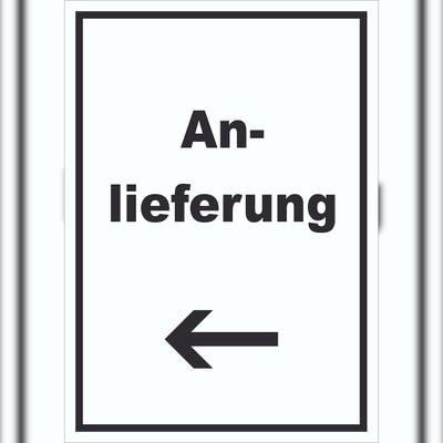 HB-Druck Anlieferung Schild mit Text und Richtungspfeil links Annahme hochkant A2 (420x594mm)