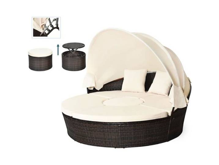 COSTWAY Lit de Jardin Rond d'Exterieur Table Relevable Modulable & Convertible - Pare Soleil Réglable rotin PE Coussins Inclus
