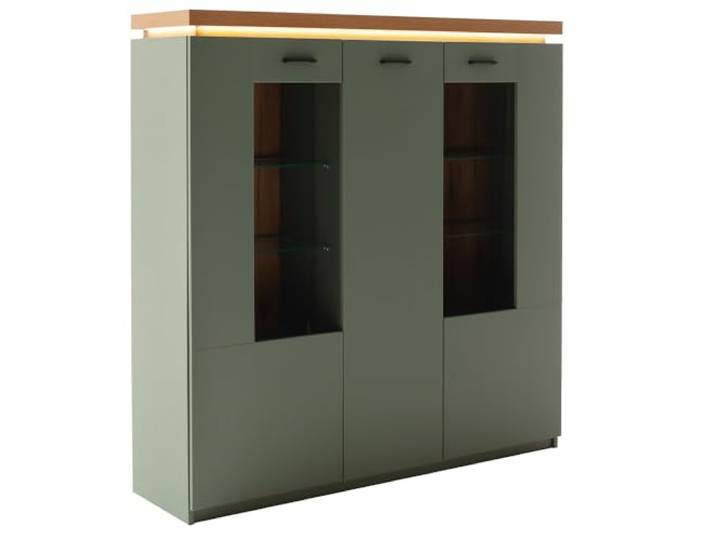 Lomadox Wohnzimmer-Highboard mit 138cm Breite in Grün mit Eiche, 3 Türen, Glaseinsatz, LED-Akzentbeleuchtung -
