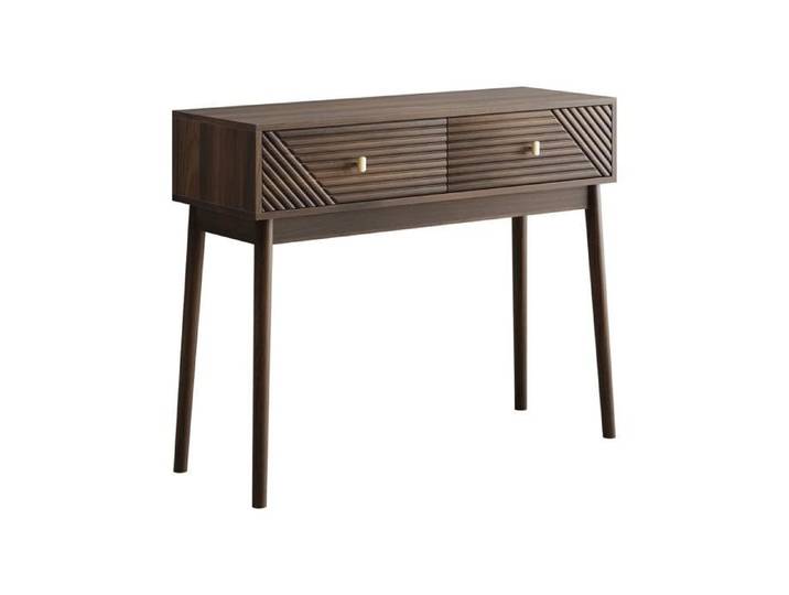 Table Console Mid-Century 100cm 2 Tiroirs à Stries Pieds en Bois Polyvalente pour Entrée Bureau Salon Style Noyer