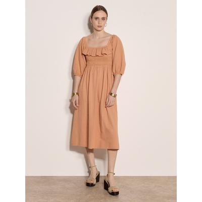 Midikleid APRICOT "Midi-Kleid im Milchmädchen-Stil mit Rüschen", Damen, Gr. XS (34), N-Gr, orange (peach), gewebt, Obermaterial: 100% Baumwolle CO., uni, Puffärmel Elastisch, Kleider Midikleid, Gerafft