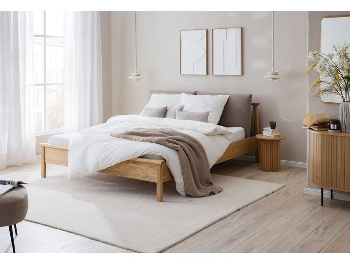 Massivholzbett LAROO 200 x 200cm Webstoff Braun/Taupe Wildeiche