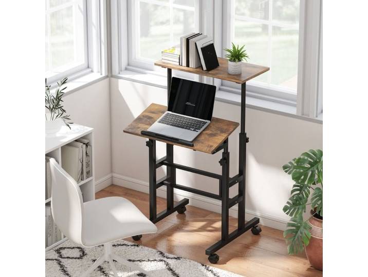 Bureau réglable en hauteur avec tablette inclinable et roulettes étagère supérieure pour bureau bois brun - UVRION