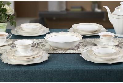 Lorren Home Trends 57 Piece Wavy Silver Mix and Match Bone China Service for 8