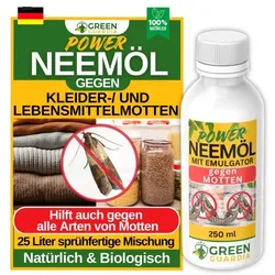 Power Neemöl gegen Lebens- & Kleidermotten mit Emulgator, sprühfertige Mischung für 25l Mischung, 250ml