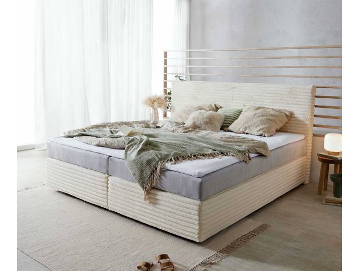 Boxspringbett Dream-Well Plüsch-Cord Beige 200x200 cm mit Taschenfederkernmatratze und Topper Visco, Boxspringbetten