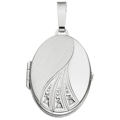 Medallionanhänger JOBO "Anhänger Medaillon oval 30 mm", silber (weißgold 585), Schmuckanhänger, Damen, SI = kleine Einschlüsse, Diamanten Weißgold 585, Diamanten, Weißgold 585, 585 Weißgold mit 3 Diamanten für 2 Fotos