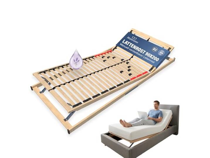 MATERASSO Lattenrost 90x200 cm Verstellbar Kopf- & Fußteil 28 Federholzleisten Birkenholz 3 Liegezonen Buchenholzrahmen Lavendelimprägnierung Lattenrahmen 90x200 Verstellbar Bettrost