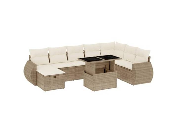 PUGYNBK Garten-Sofa-Set, 9-teilig, synthetisches Rattan, Beige Tisch mit verstellbarer Tischplatte, Hartglas, abnehmbare Kissen, modulares Design