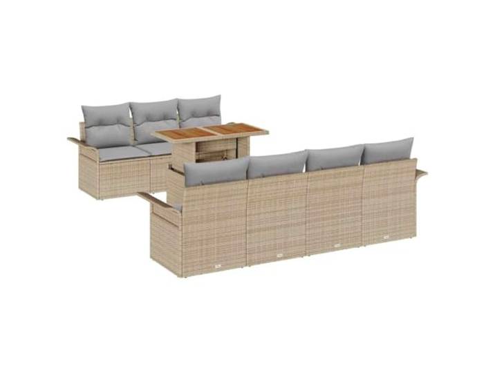 ZQQLVOO Garten-Sofa-Set 8 STK. Beige und Hellgrau Poly-Rattan, pulverbeschichteter Stahl, Akazienholz-Tischplatte, UV-beständig, Kissen abnehmbar, Stauraum, Garten und