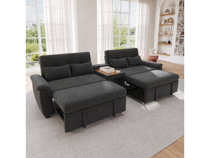 Merax Sofa mit Schlaffunktion, ausziehbares Schlafsofa mit Verstellbarer Rückenlehne, Funktionssofa mit Doppel-Schlafauszug, Couchtisch mit 2 Becherhaltern, 4 Kissen, Chenillestoff, Dunkelgrau
