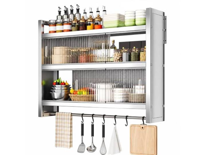 FQMYLTYN Wandschrank für die Küche, Edelstahl Schrank mit Schiebetüren Offenes oberes Regal, Kleiderstange & Bewegliche Haken, Organizer für Geschirr und Gewürze(80x32x71cm/31x13x28in)