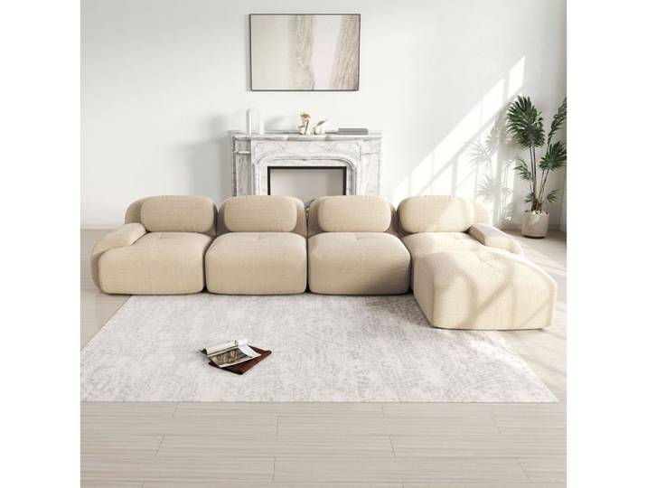 JOINERY Canapé Angle Modulable 4 Places Méridienne Droite Velours Côtelé Beige Mousse 32D Sans Montage Base Antidérapante