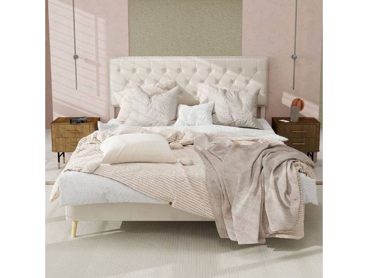 Lit Double - DREAMMESPACE - 140x200 cm - Rembourré - Beige - Montage facile