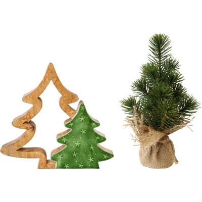 Dekoobjekt CREATIV GREEN "Set aus Kunst-Tannenbäumchen und Deko-Figur", grün (grün, grün), H:25cm, Holzwerkstoff, Kunststoff, Dekofiguren, ideal zum schnellen Dekorieren