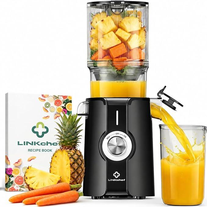 Slow Juicer Entsafter Elektrisch, 200W Kaltentsafter mit 115mm Einfüllschacht für Ganze Früchte, 1,2L Entsafter Gemüse und Obst , Leicht zu reinigen, Inkl. Saftrezepte,Tech-Schwarz