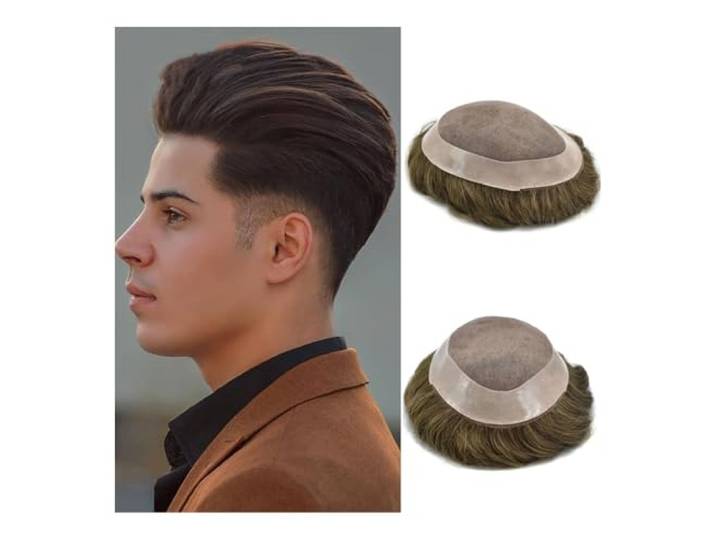 zhuyanbo007 Herrenperücke, Männer Haar Toupet Haar Perücke Indisches Haarsystem Haarteil Herren Kapillarprothese Haaransatz Topper,Blonde Perücke(Black,7x9)