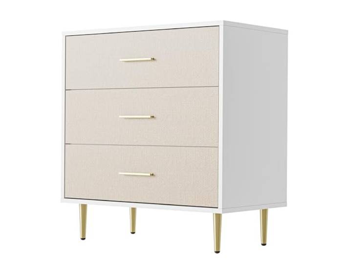 IDEALHOUSE Schmale Kommode mit 3 Schubladen, Moderne Holz-Schubladenkommode in Weiß – Leinenstruktur, goldene Griffe, Metallbeine – für Schlafzimmer/Wohnzimmer – Farbe: White+Cloth