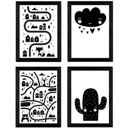 POSTER Set mit 4 „Stadt, Stadt, Wüste Kaktus und CloudHerzen“ Tiere A3 Rahmenlos