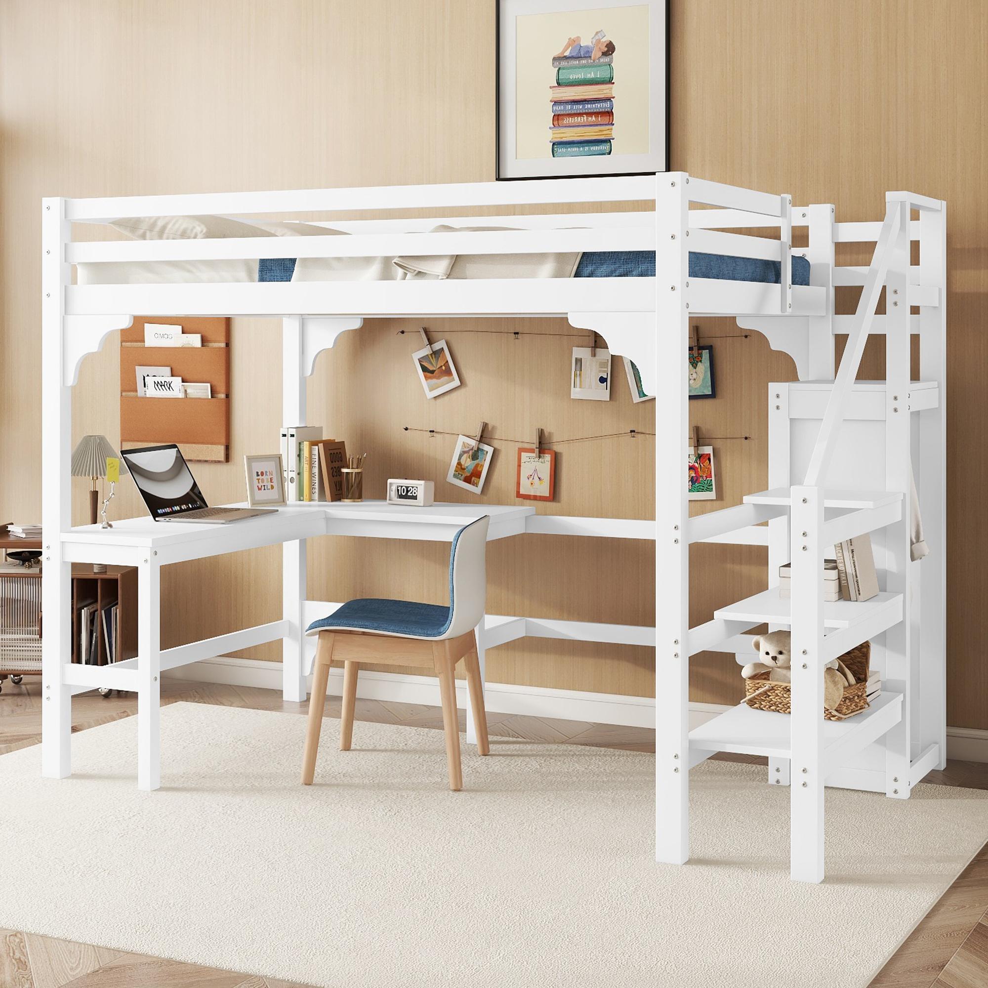 Merax Etagenbett Hochbett 140x200cm, mit L-förmigem Schreibtisch, Offenem Kleiderschrank, Stauraumtreppe, Kiefer Kinderbett, Stockbett, Weiß