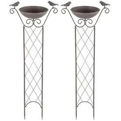 2x Pflanzschale Blumentopf Garten Rankhilfe Vogelskulptur braun Metall H 82cm