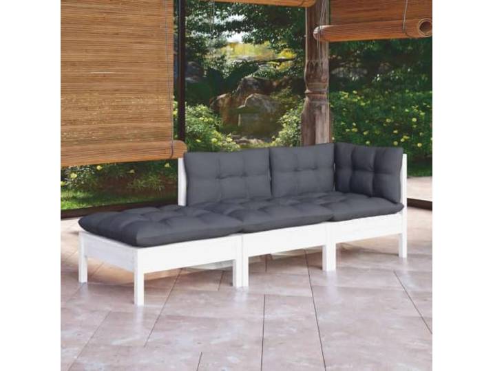 WDGJJFECNMUEHI Bois de pin massif modulaire Avec coussins 3 pièces Blanc Salon de jardin 3 pcs avec coussins Bois de pin massif Blanc Canapé d'angle moderne pour terrasse, détente et repas