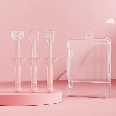 Inspired Finds 3 Piece Portable Silicone Baby Toothbrush Set With Travel Case pink