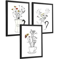 POSTER 3er Set Blumen in Kaffeekanne Wandbilder Mokkakanne Teekanne Tasse Strichzeichnung Küche Deko Schwarzer Rahmen A3