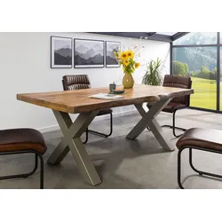 Baumtisch Mango 180x90x77 natur lackiert FREEFORM 5 / X-Beine silber matt