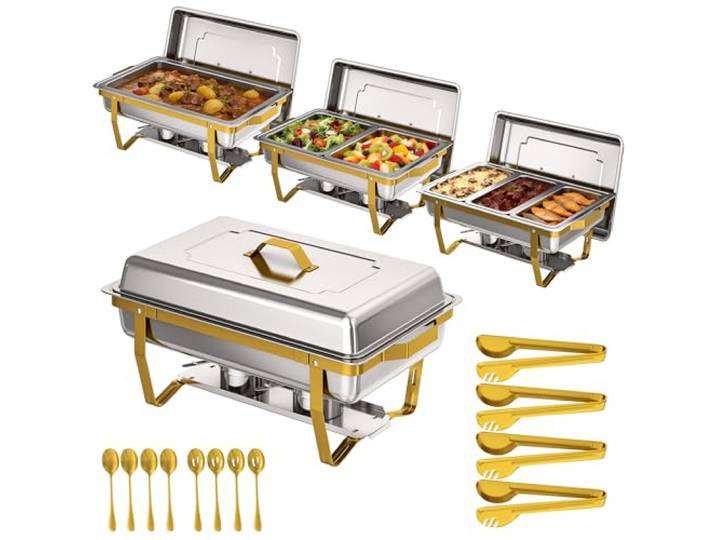 EffiQ-Rate 4 Stück Rechteckig Chafing Dish 9QT Edelstahl Warmhaltebehälter Bain-Marie Heizung, 7 Pfannen, Komplettes Set mit Utensilien, Faltbarer Ständer, Stapelbare, für Kreise, Hochzeit, Catering
