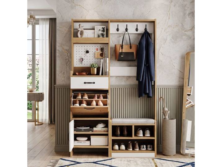 Vestiaire Entrée 108.5x35x180cm Grand Rangement Design Soigné Meuble Chaussures Banc & Patères - Chêne Blanc
