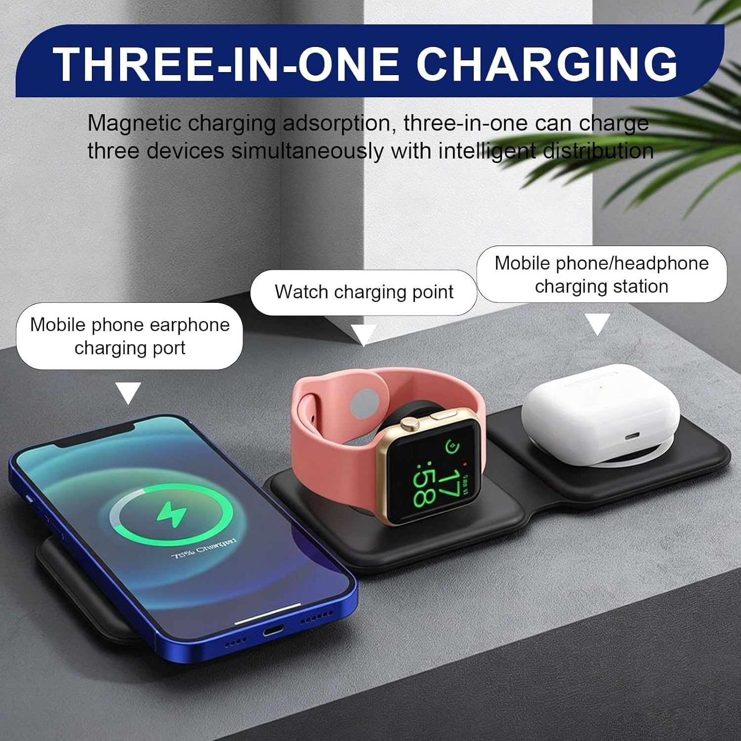 3-in-1 Opvouwbaar Inductielader Snellaadstation 15W voor iPhone en Apple Watch met Magnetische Draadloze Oplader