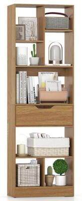 Costway 61inch Tall Freestanding Bookcase with Drawer 8-Cube Storage Organizer-Natural