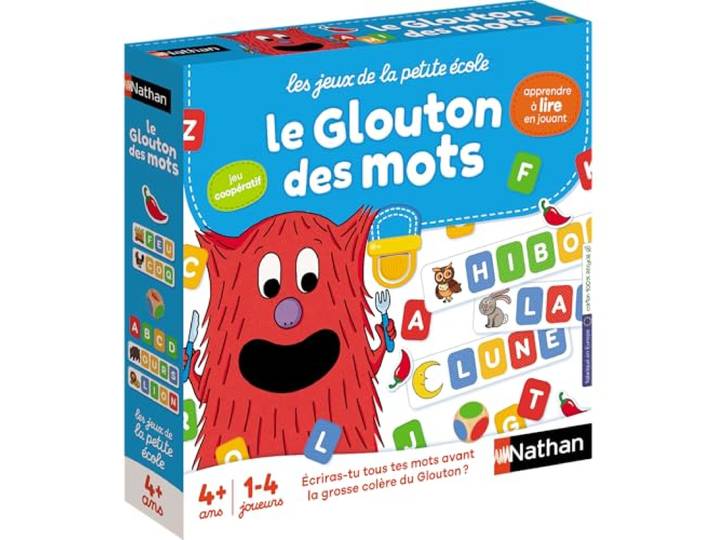 Nathan - De Glouton der woorden, educatieve bordspellen voor kinderen van 4 jaar, leren lezen en schrijven, woorden en letters herkennen, leren met plezier, 27 woordkaarten, 152 letters