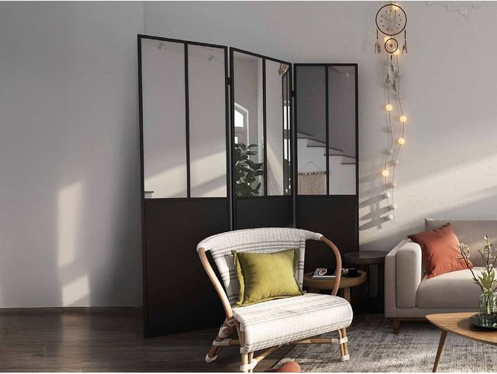 Paravent miroir atelier industriel 3 pans - Métal - H. 180 x L. 122 cm - Noir - COVENTRY